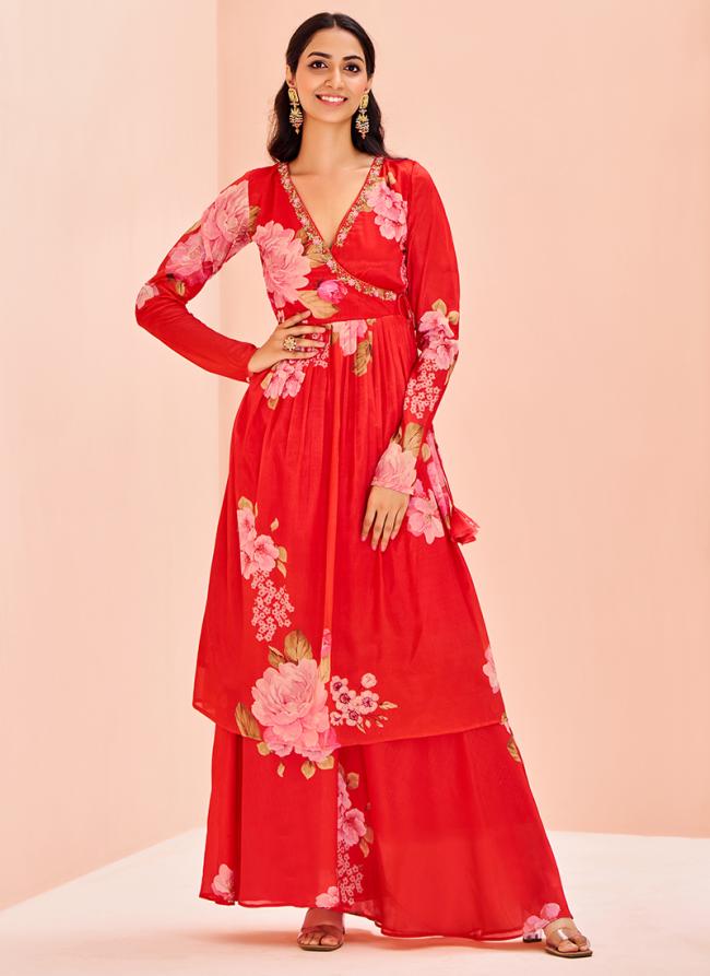 Chinnon Red Party Wear Hand Work Readymade Kurti With Bottom